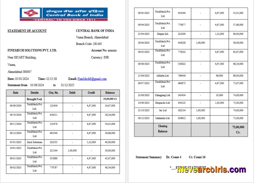 India Central Bank of India statement Word and PDF, 2 pages